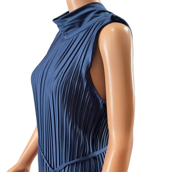 DKNY Deep Sea All Around Pleat Ribbon Back Neck Belted Dress Size 12 NWT - Picture 4 of 12